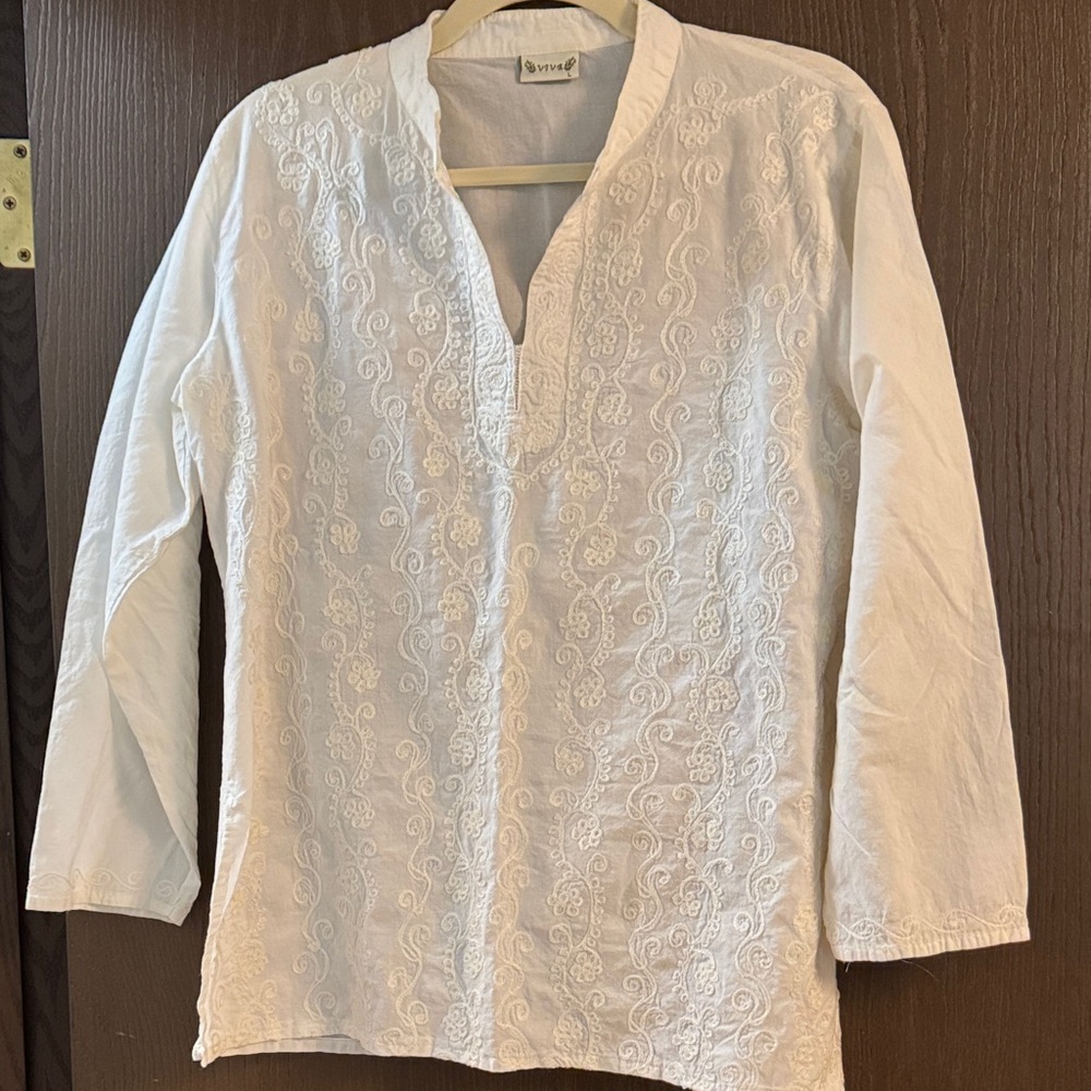 White Embroidered Long Sleeve Tunic